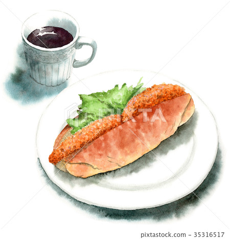 Croquette sandpan and coffee painted by watercolor Croquette sandpan and coffee painted by watercolor 35316517