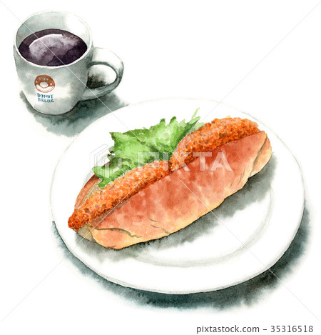 Croquette sandpan and coffee painted by watercolor Croquette sandpan and coffee painted by watercolor 35316518