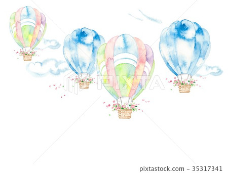 Balloon, landscape, clouds and flower basket Balloon, landscape, clouds and flower basket 35317341