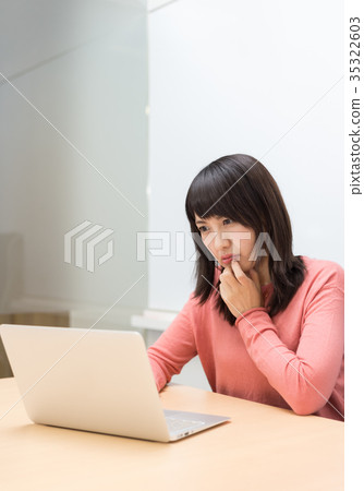 A woman who goes to a computer with a negative expression A woman who goes to a computer with a negative expression 35322603