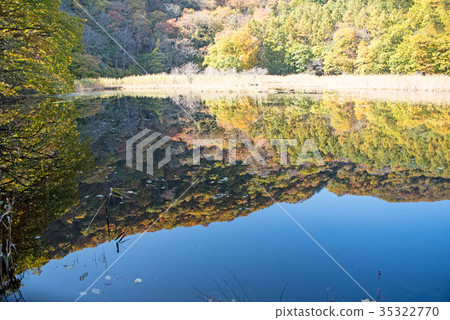 Ominenuma lake water mirror autumn color Omine peak towards the top of the mountain Ominenuma lake water mirror autumn color Omine peak towards the top of the mountain 35322770
