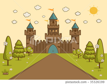图库插图: cartoon illustration of tale castle on hill