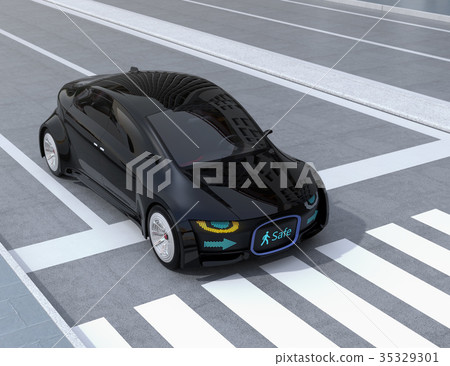 汽車和行人之間的通信概念顯示在自動駕駛汽車的前部顯示安全通過的標誌 35329301