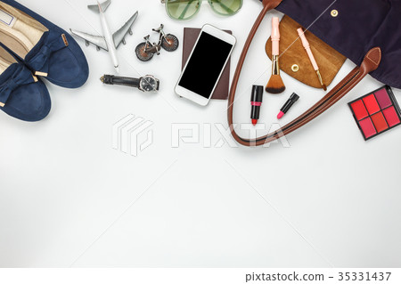 Table top view of accessories women for travel Table top view of accessories women for travel 35331437