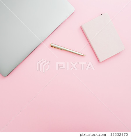 Home office desk workspace with laptop, notebook 35332570