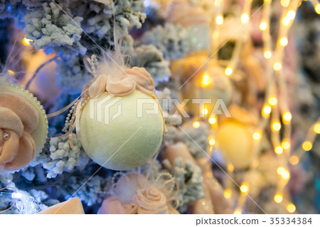 Christmas tree with blue balls and lights, garland Christmas tree with blue balls and lights, garland 35334384