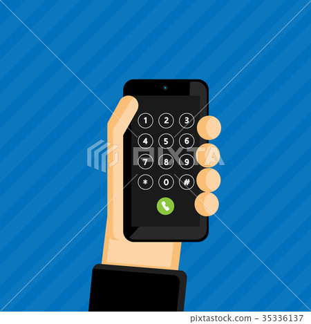 Hand hold mobile phone on blue background, vector - Stock Illustration ...