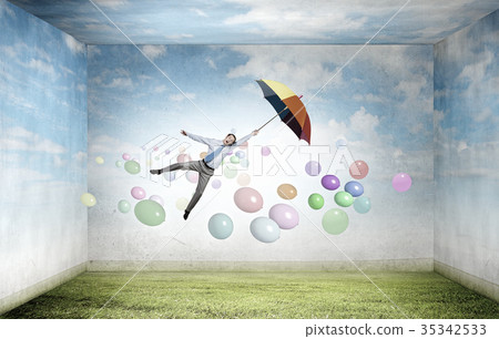 Man fly on umbrella Man fly on umbrella 35342533