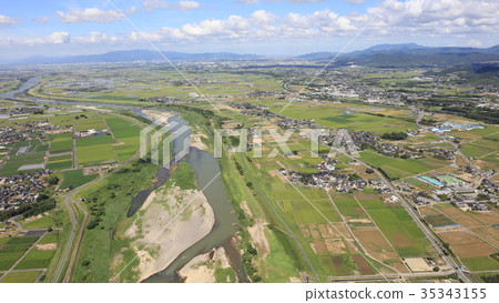 Aerial view September 2, 2017 Asakura-shi, Chikugo River after heavy rain in northern Kyushu Aerial view September 2, 2017 Asakura-shi, Chikugo River after heavy rain in northern Kyushu 35343155