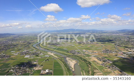 Aerial view September 2, 2017 Asakura-shi, Chikugo River after heavy rain in northern Kyushu Aerial view September 2, 2017 Asakura-shi, Chikugo River after heavy rain in northern Kyushu 35343160