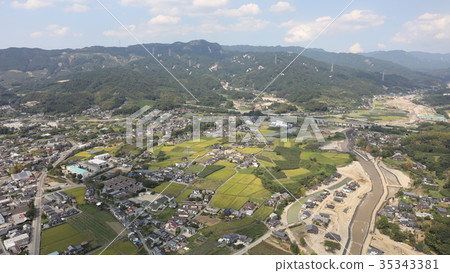 Aerial view September 25, 2017 Asakura-shi, Akayagawa, Matsusue after heavy rain in northern Kyushu Aerial view September 25, 2017 Asakura-shi, Akayagawa, Matsusue after heavy rain in northern Kyushu 35343381