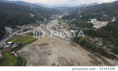 Aerial view September 25, 2017 Asakura-shi, Akayagawa, Matsusue after heavy rain in northern Kyushu 35343399