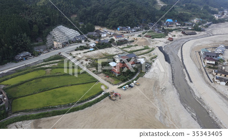 Aerial view September 25, 2017 Asakura-shi, Akayagawa, Matsusue after heavy rain in northern Kyushu 35343405
