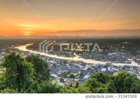 Pak Nam Chumphon. View from Khao (Hill) Matsee Viewpoint in Chumphon, Thailand at sunset time 35345509