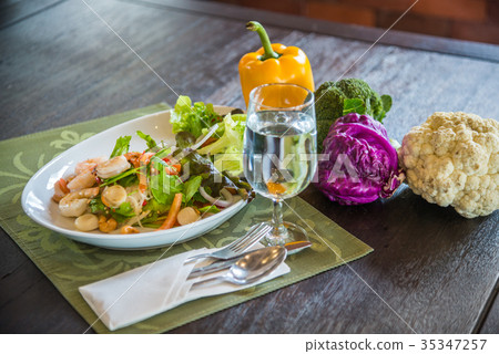 Dish of Thai style salad with cutlery 35347257