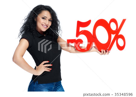 Young curly girl with the red sign of sale -50 Young curly girl with the red sign of sale -50 35348596