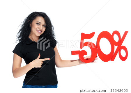 Beatiful curly girl with a red sign -50 sale 35348603