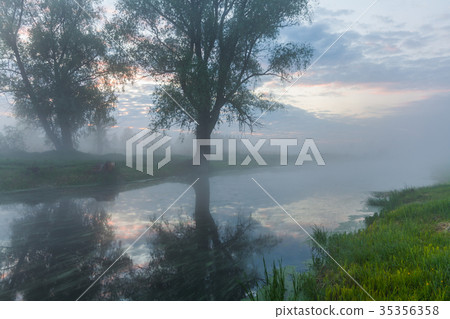 Beautiful misty dawn in the spring on the river 35356358