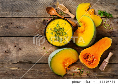 Vegetable and lentils creamy soup, cut pumpkin 35356714