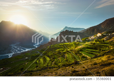 Dhankar gompa and Dhankar village in Spiti village 35360001