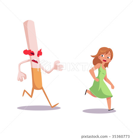 Huge evil cigarette running after frightful girl - Stock Illustration  [35360773]