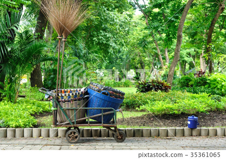 Used trolley contain plastic basket and long broom Used trolley contain plastic basket and long broom 35361065