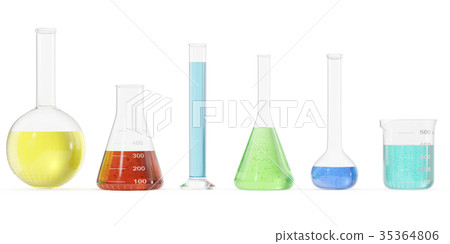 Chemistry flasks with colored liquid on white 35364806
