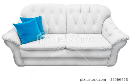 White eco leather sofa with blue pillow. Soft snow 35366458