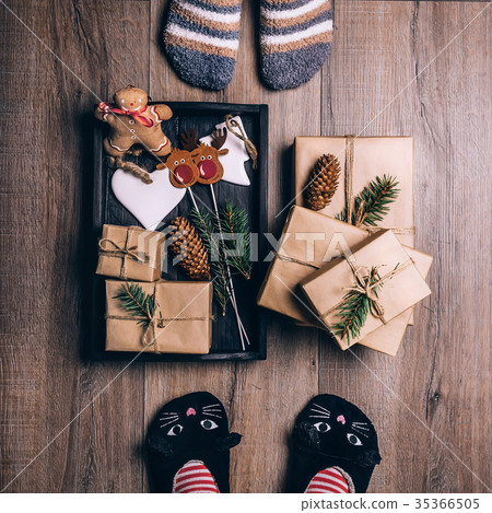 Feet with warm winter socks and cat slippers 35366505