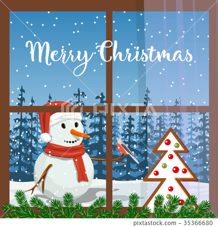 Christmas decorated window, with fir garland Christmas decorated window, with fir garland 35366680