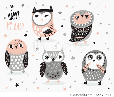 Set of cute cartoon owls with ethnic ornament - Stock Illustration ...