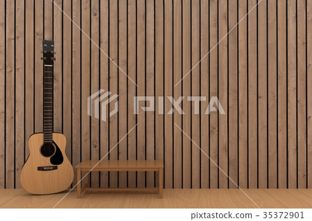 wood guitar in wood plank room design in 3D render 35372901