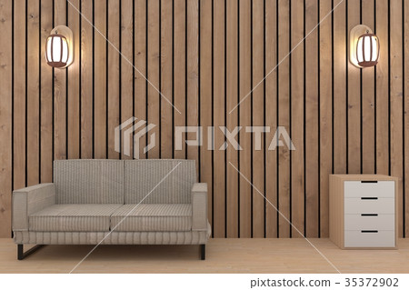 wood plank room with design sofa and shelf in 3D 35372902