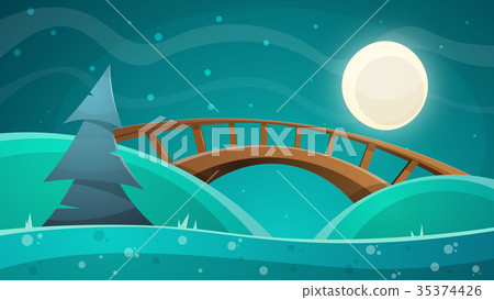 Cartoon night landscape. Moon, bridge, fir, sky Cartoon night landscape. Moon, bridge, fir, sky 35374426