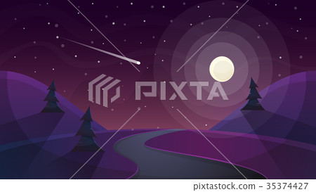 Travel night cartoon landscape. Fir, comet, star Travel night cartoon landscape. Fir, comet, star 35374427