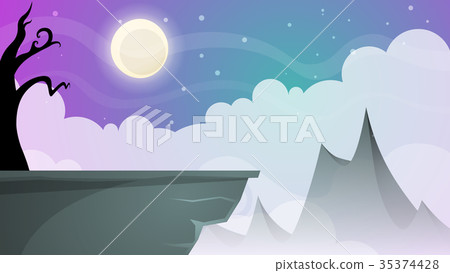 Travel night cartoon landscape. Tree, mountain Travel night cartoon landscape. Tree, mountain 35374428