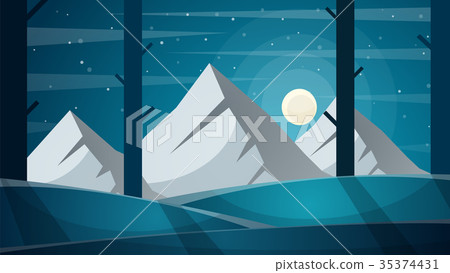 Travel night cartoon landscape. Tree, mountain Travel night cartoon landscape. Tree, mountain 35374431