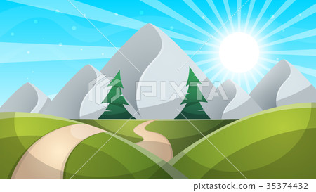 Travel day cartoon landscapen. Mountain, fir, road Travel day cartoon landscapen. Mountain, fir, road 35374432