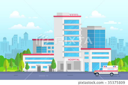 City hospital with ambulance - modern vector 35375809