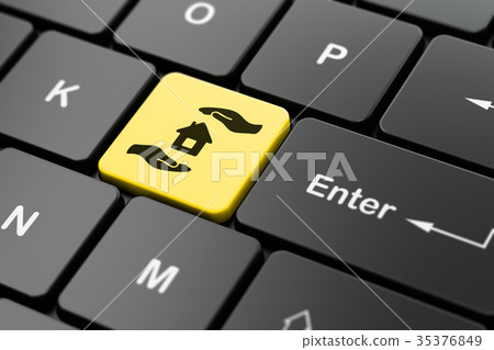 Insurance concept: House And Palm on computer Insurance concept: House And Palm on computer 35376849