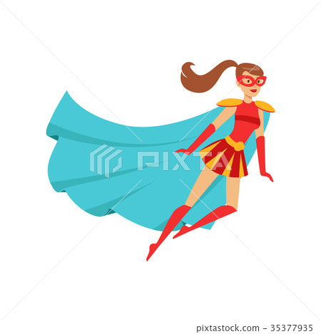 Girl superhero flying in red costume with blue Girl superhero flying in red costume with blue 35377935