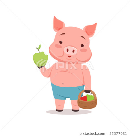 Cute pig holding basket with apples, funny cartoon Cute pig holding basket with apples, funny cartoon 35377981