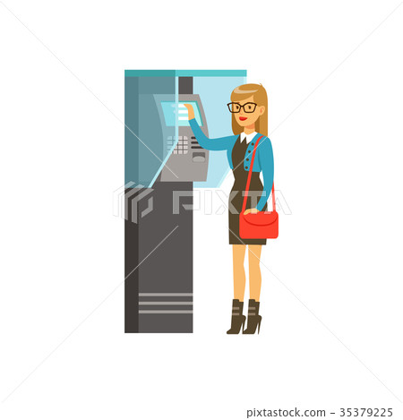 Woman using outdoor Information terminal, people 35379225