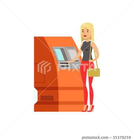 Woman doing ATM machine money deposit or Woman doing ATM machine money deposit or 35379259
