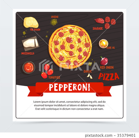 Pepperoni pizza label, pizzeria menu, whole hot 35379401