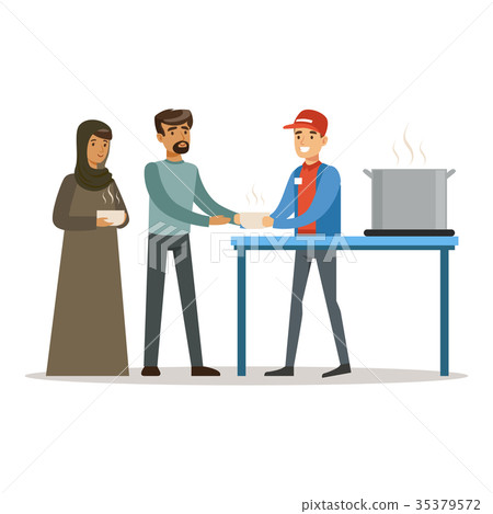 Stateless refugee family at food donation center 35379572