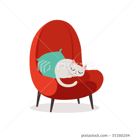 Lovely white cat sleeping on a red armchair, home 35380204
