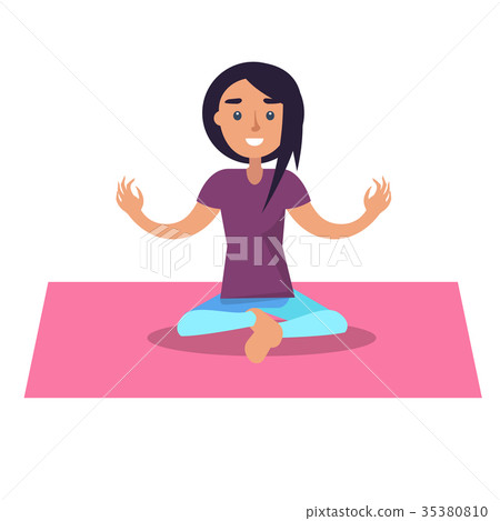 Girl doing yoga sits in lotus position on pink rug 35380810