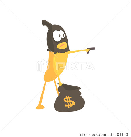 Burglar banana in mask holding hand gun and a bag 35381130