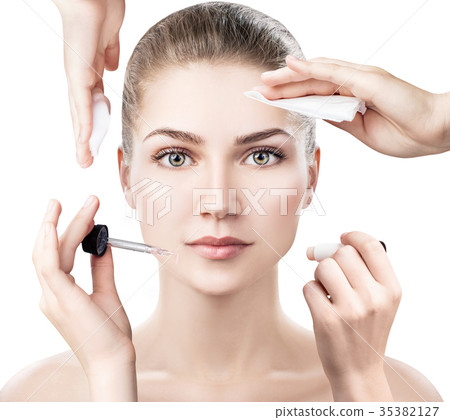 Woman surrounded by cosmetics devices. Woman surrounded by cosmetics devices. 35382127
